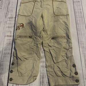 Miss Bisou Y2K Vintage Embroidered Cargo Gorpcore Capri Pants Khaki Tan Size 9